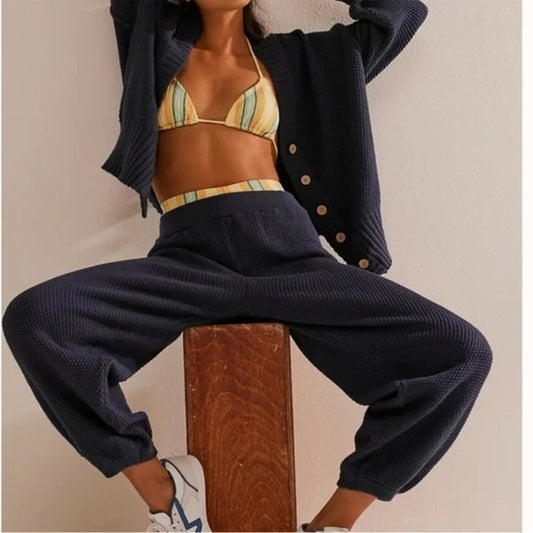 Free People Beach Hailee Waffle Knit Pull On Barrel Balloon Pants Navy Blue L