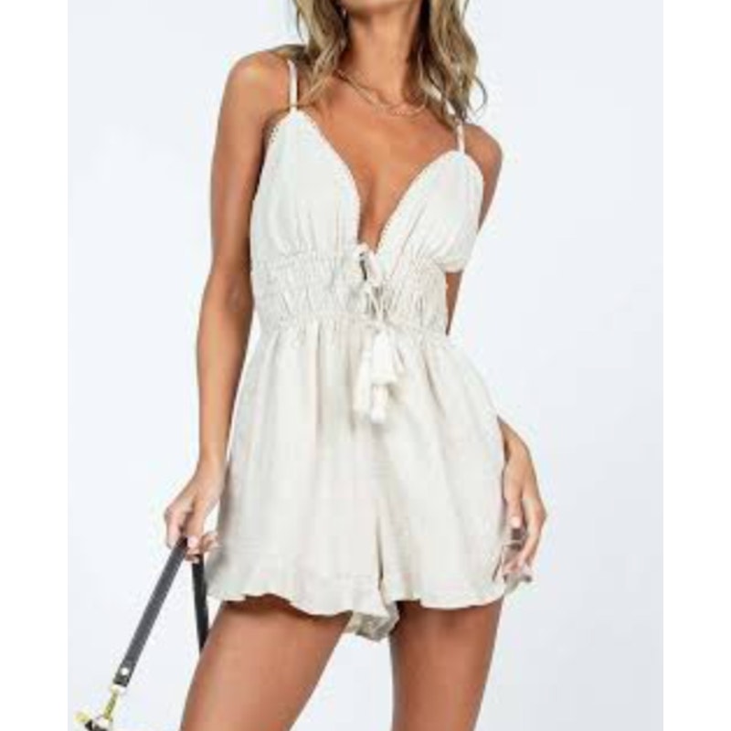 Princess Polly Colleen Tie Front Linen Blend Plunge Romper Tan Beige 0