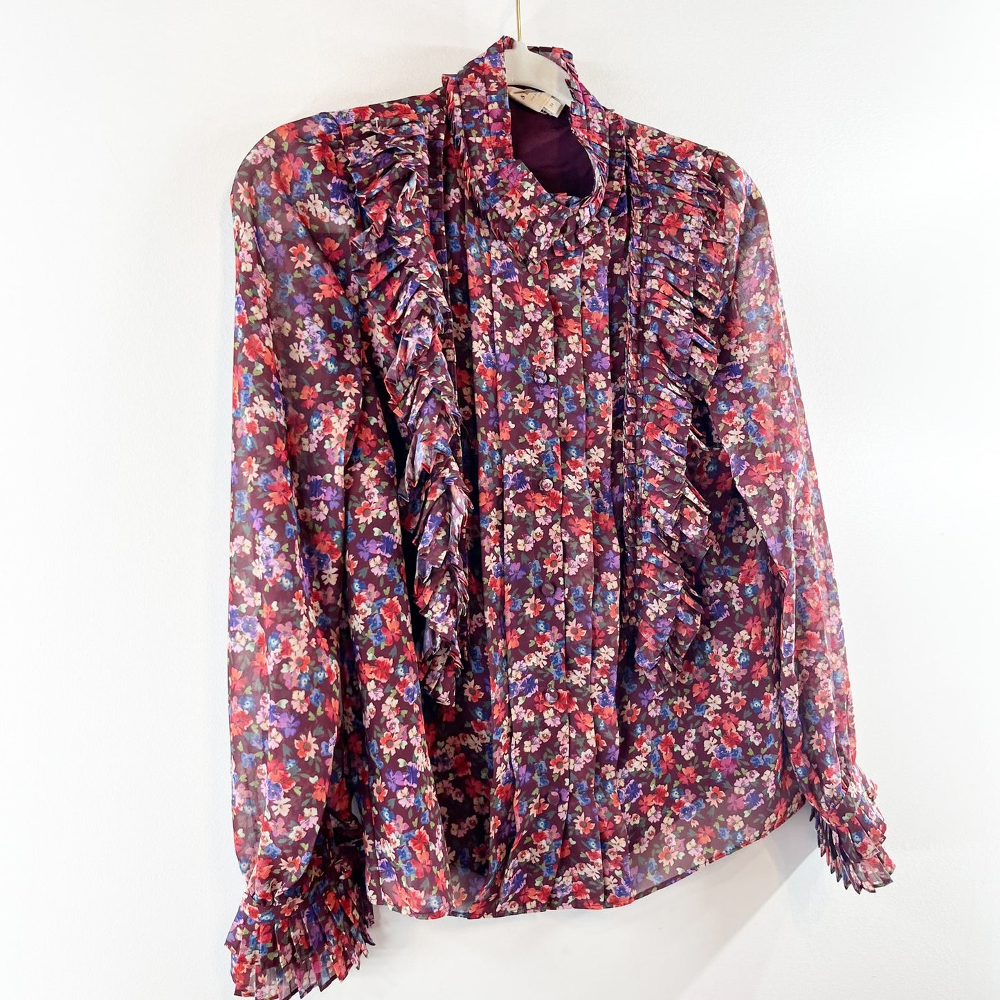 Sezane Dany Button Up Shirt Blouse Floral Ruffle Long Sleeve Purple 34 / US 2-4