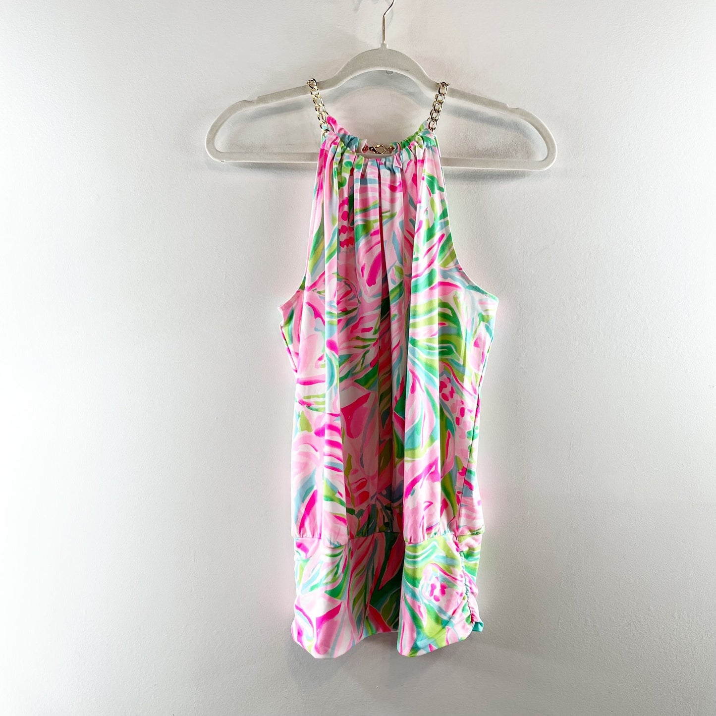 Lilly Pulitzer Bowen Sleeveless Halter Tank Top Carnivale Coral Pink Green Small