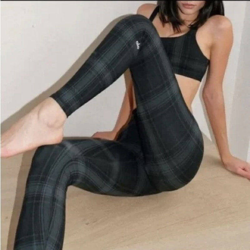 Alo Yoga Plaid High Rise Vapor Full Length Leggings Black Gray Small