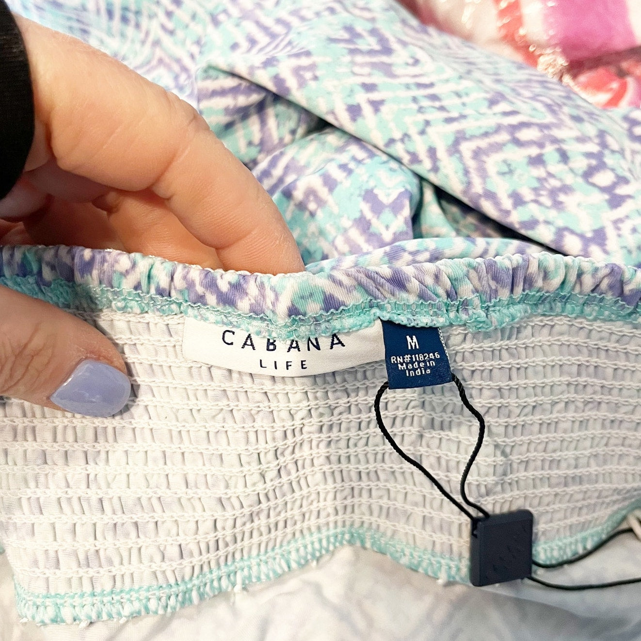 Cabana Life Geo Print 3/4 Sleeve Off Shoulder Tassel Hem Mini Dress Blue Medium