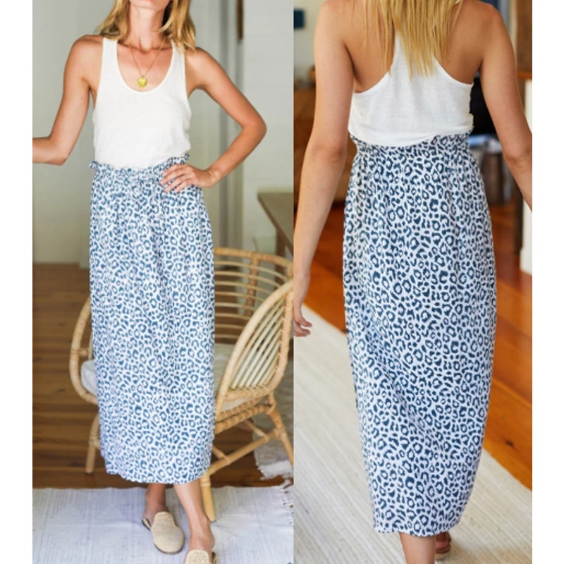 Emerson Fry Pull On High Waisted Drawstring Midi Skirt Leopard Blue XS