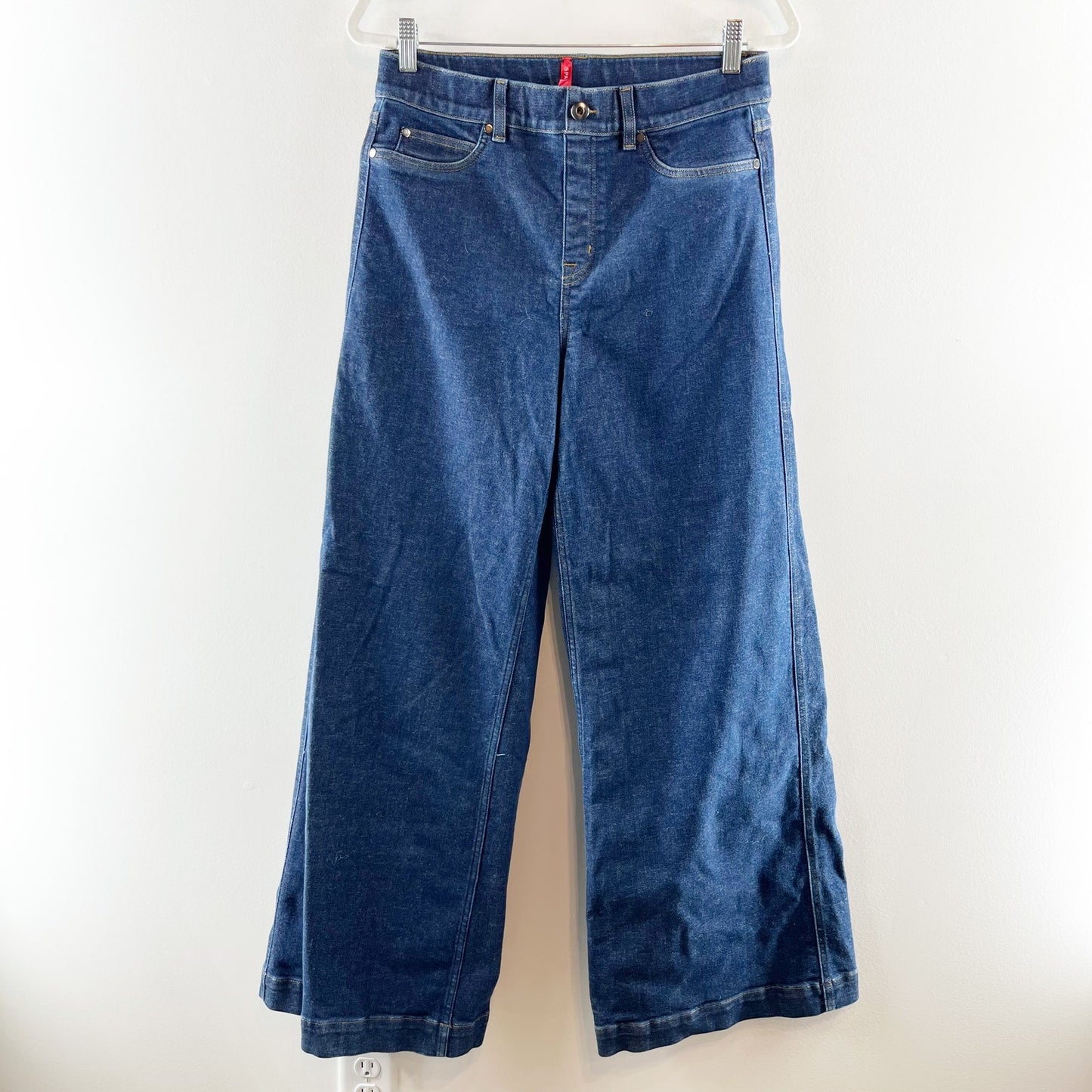 Spanx High Rise Pull On Wide Leg Jeans in Raw Indigo Blue Large
