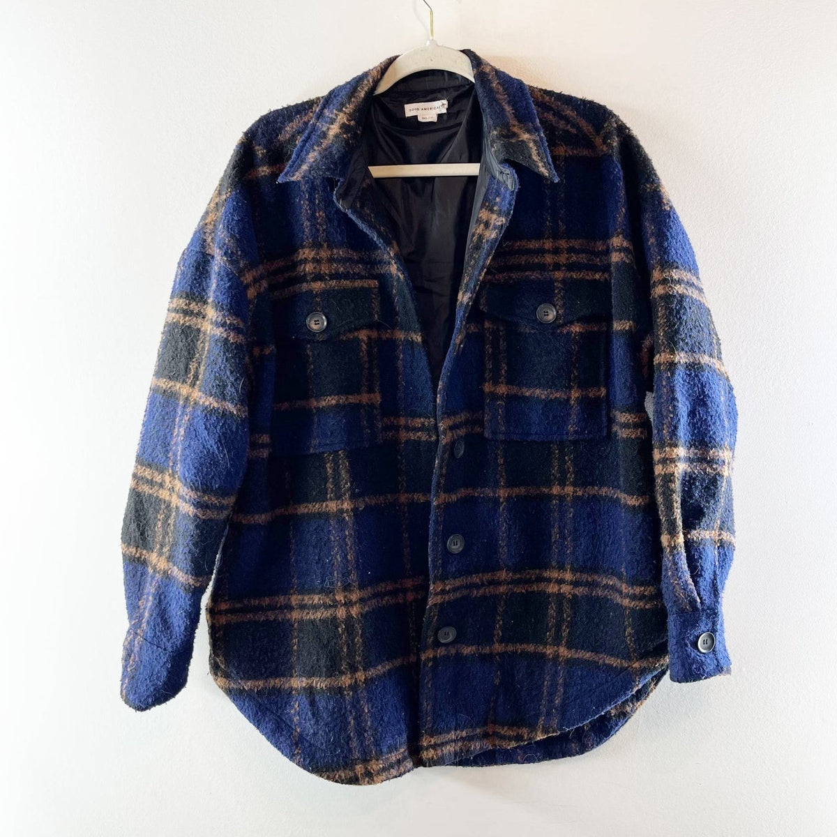 Good American Oversized Plaid Shacket Shirt Jacket Blue Brown Black XS / S