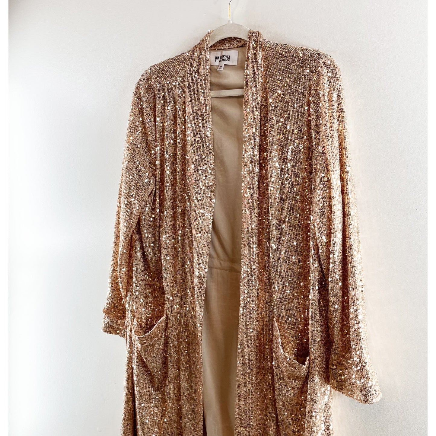 BB Dakota Steve Madden Dulcinea Sequined Duster Open Front Gold Medium