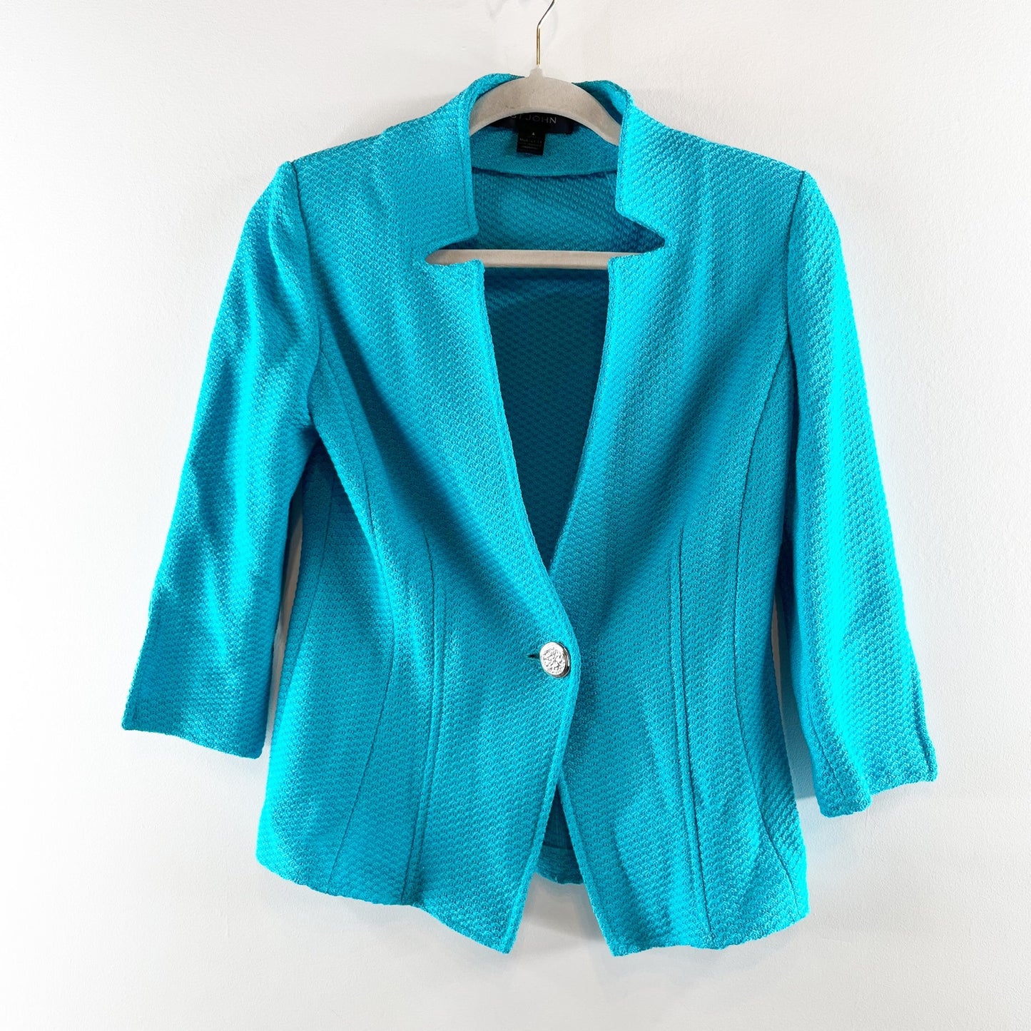 St. John Wool Blend 3/4 Sleeve Single Breasted Cardigan Blazer Turquoise US 4