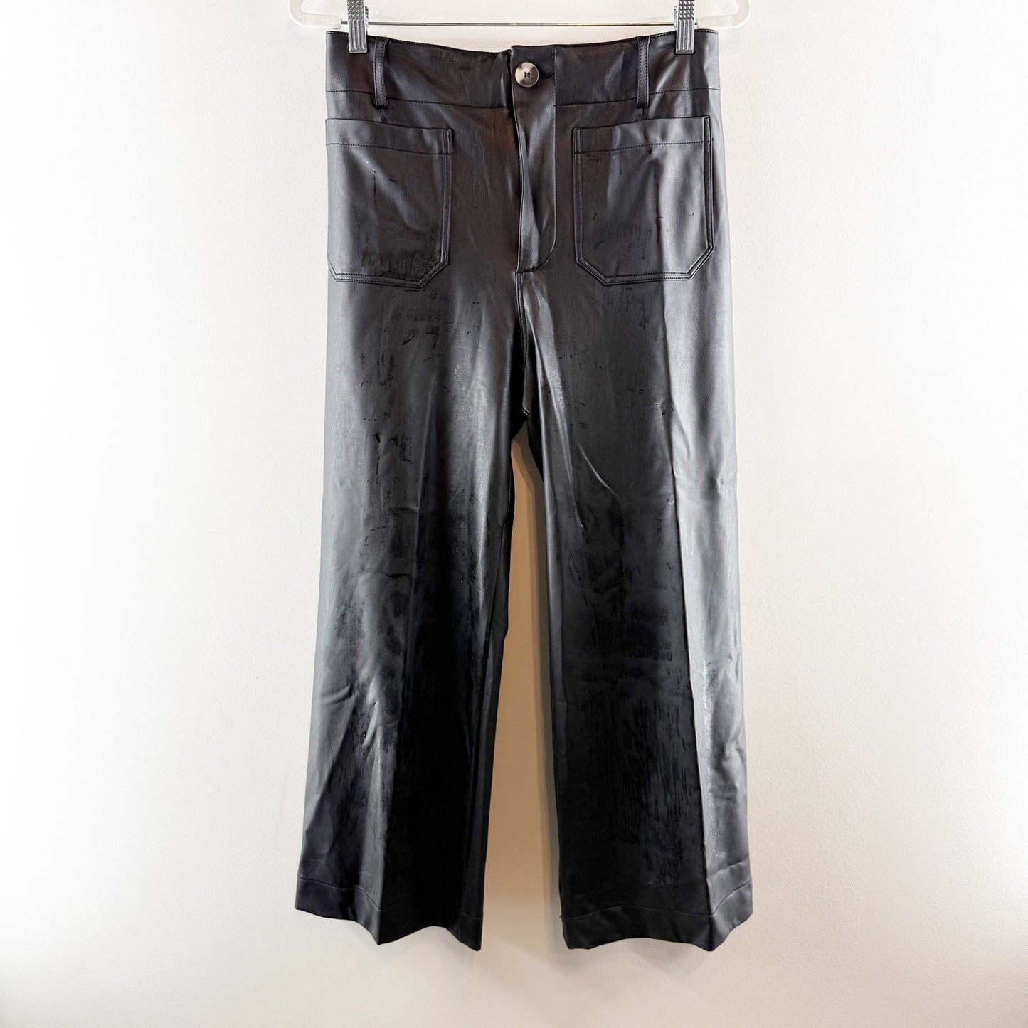 Maeve Anthropologie Colette Cropped Wide-Leg Faux Leather Pants Black 29