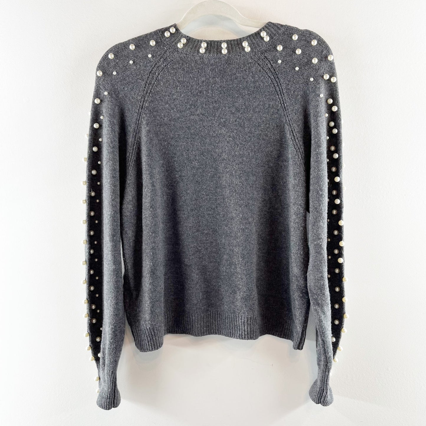 Joie Nilania Pearlized Embellished Long Sleeve Sweater Dark Heather Grey Medium