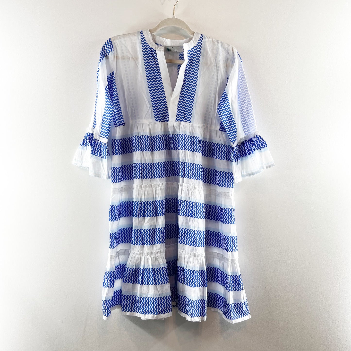 Bindu Elbow Length Sleeve Striped Ruffle Hem Mini Dress White Blue Small