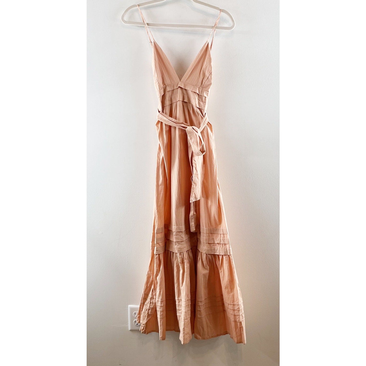 Pampelone Chloe V Neck Tiered Belted Cotton Maxi Dress Blush XS