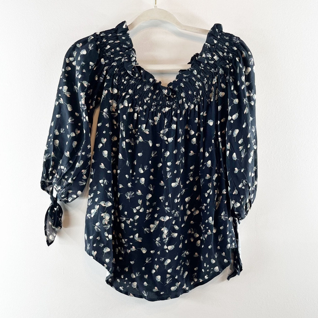 Beach Riot Floral 3/4 Sleeve Smocked Off The Shoulder Blouse Top Dark Blue Small