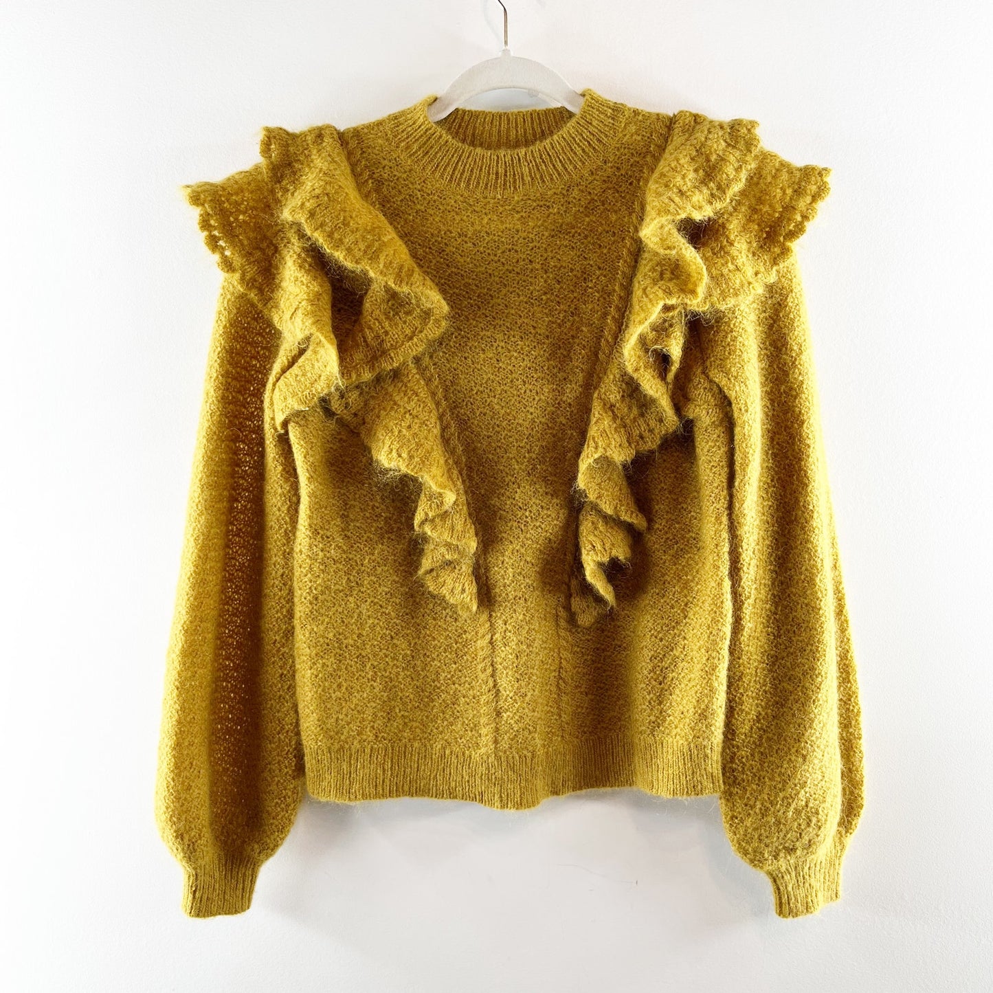 Sezane Elsa Ruffle Jumper Wool Blend Sweater Pullover Mustard Yellow Small