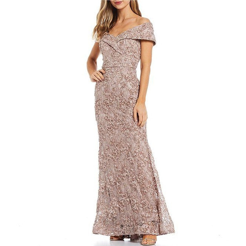 Xscape Jill Off The Shoulder Lace A Line Long Evenings Gown Taupe Pink 4