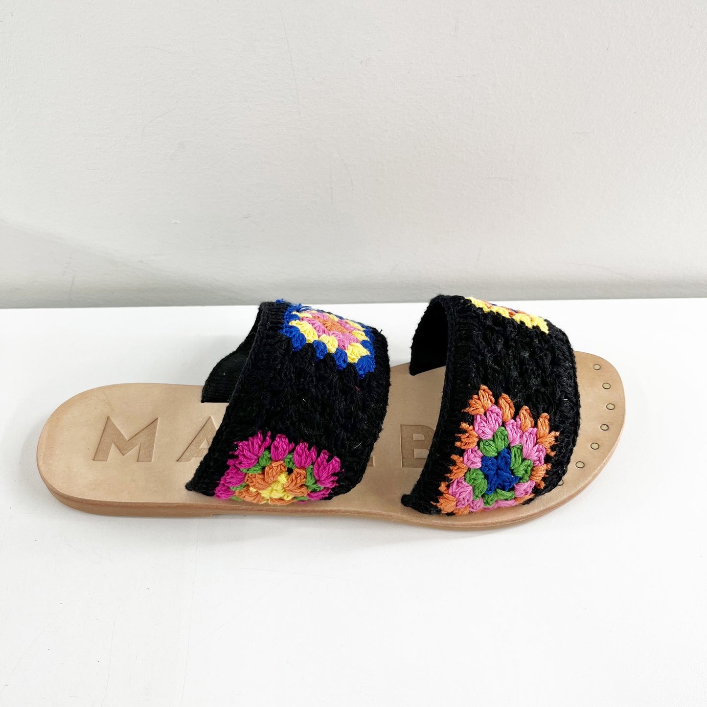 Manebi Cotton Crochet Two Strap Flat Sandals Yucatan Black Sunset Orange 38