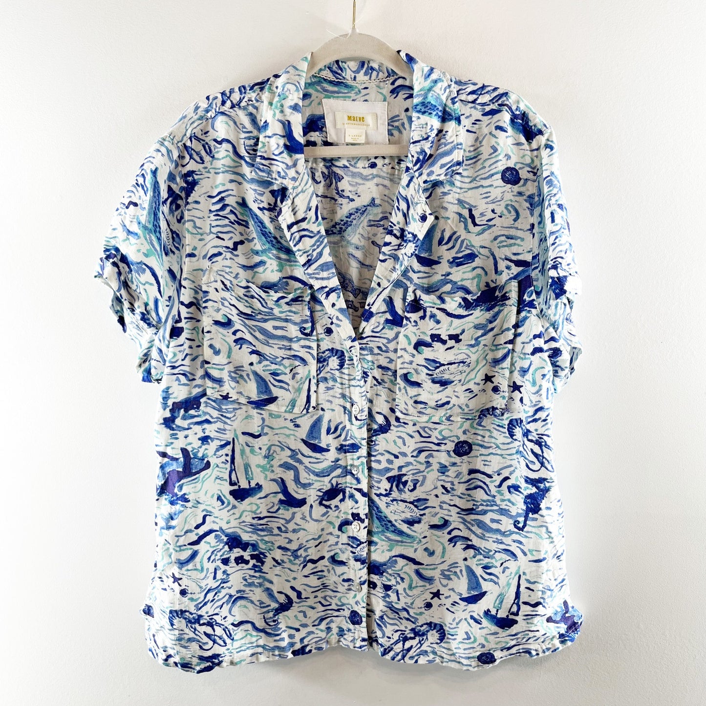Maeve Anthropologie Short Sleeve Linen Blend Surf Shirt Blue XL