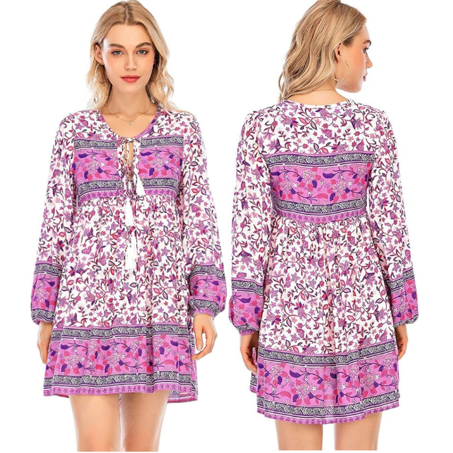 R. Vivimos Cotton Floral Print Long Sleeve Tassel Tie Mini Dress Purple Large