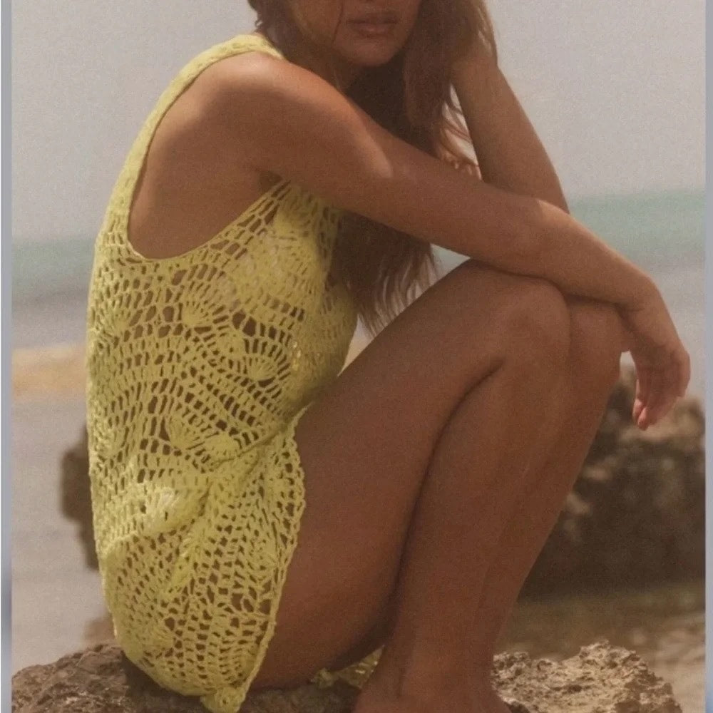 ZARA Sleeveless Mini Crochet Swim Cover Up Dress Yellow Small
