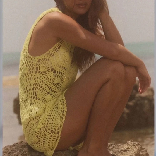 ZARA Sleeveless Mini Crochet Swim Cover Up Dress Yellow Small