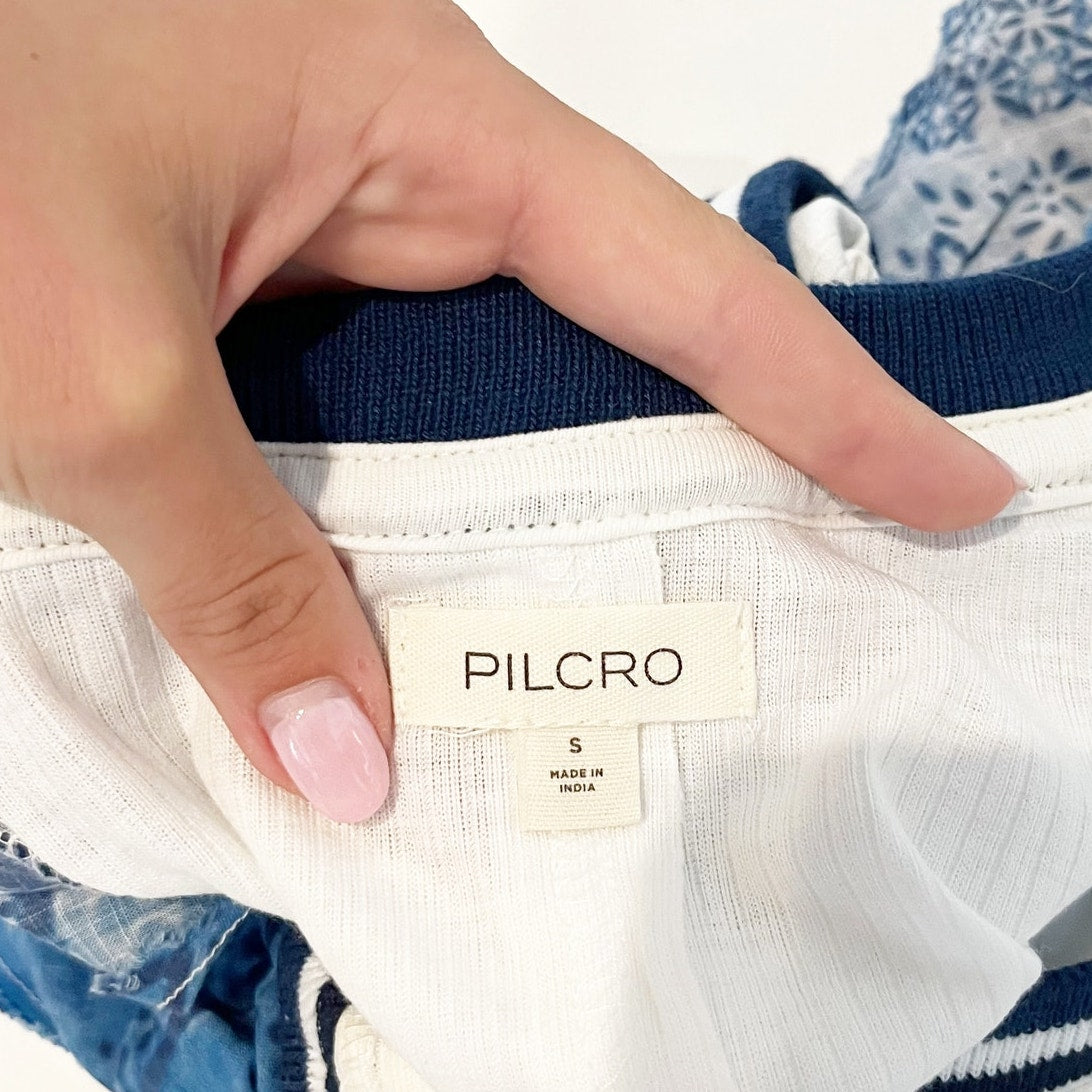 Anthropologie Pilcro Ruffle Shoulder Ribbed Scoopneck Tank Top White Blue Small