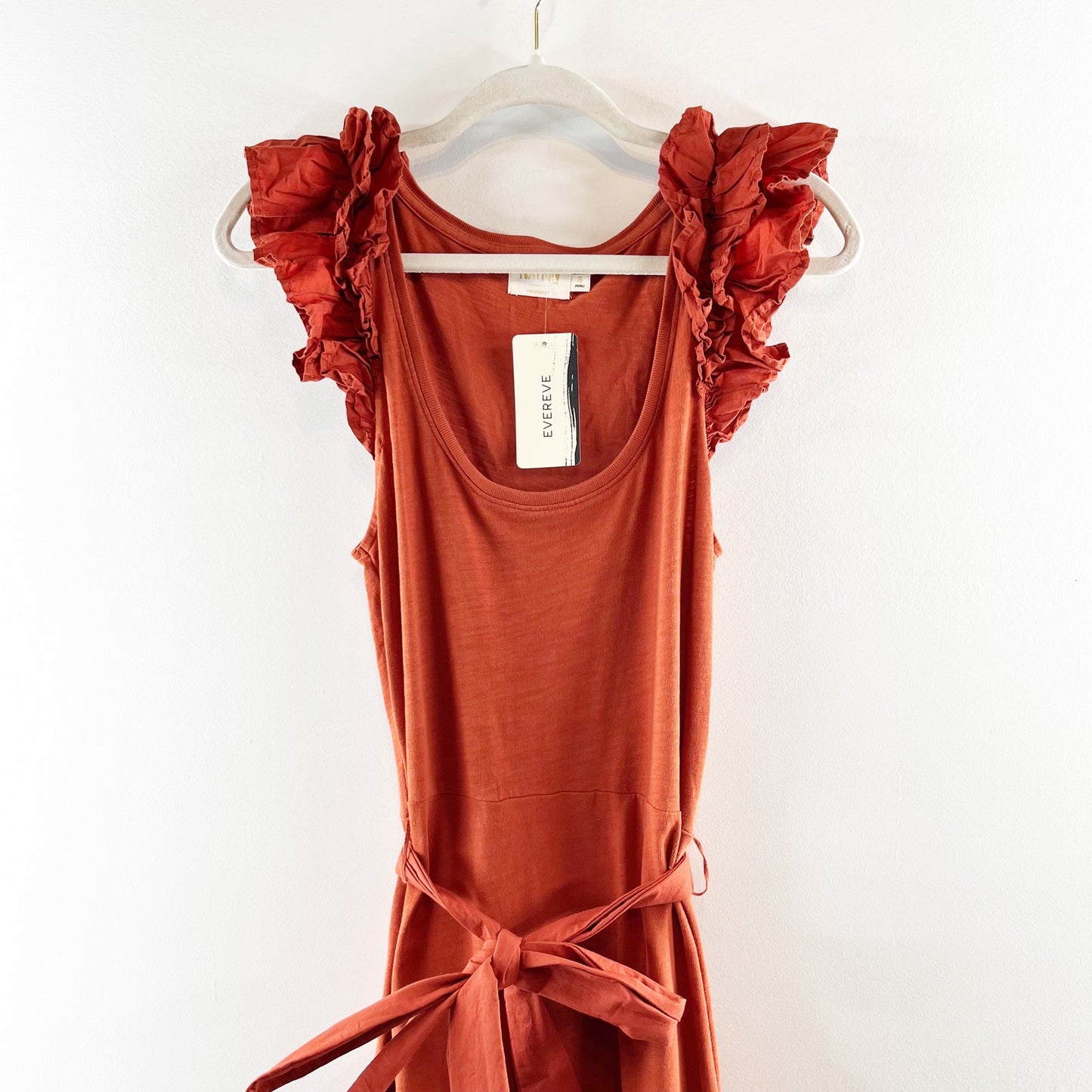Nation LTD Everly Frilly Ruffle Strap Tiered Cotton Midi Dress Cayene Red Small