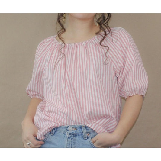 LOFT Off The Shoulder Puff Short Sleeve Blouse Top Striped Pink White Large