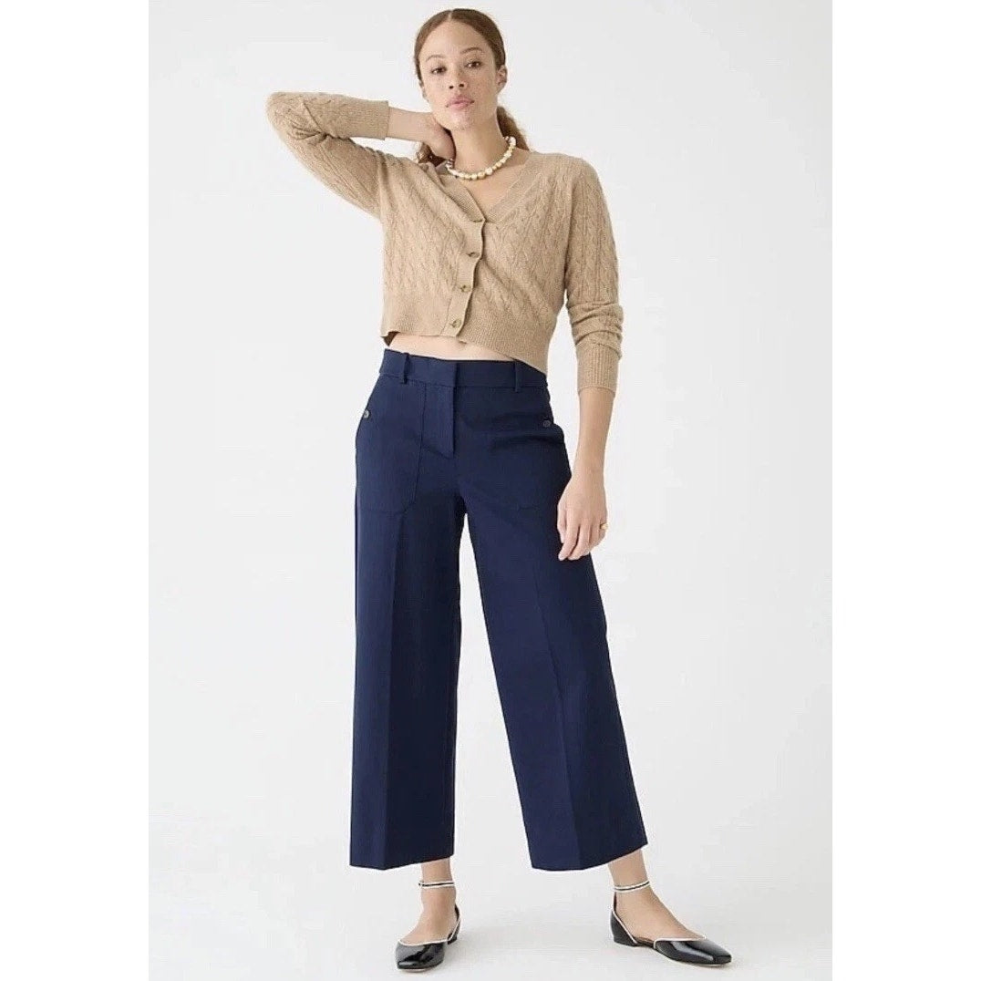 J. Crew Sydney Wide-Leg Cropped Chino Trouser Pants Navy Blue 12