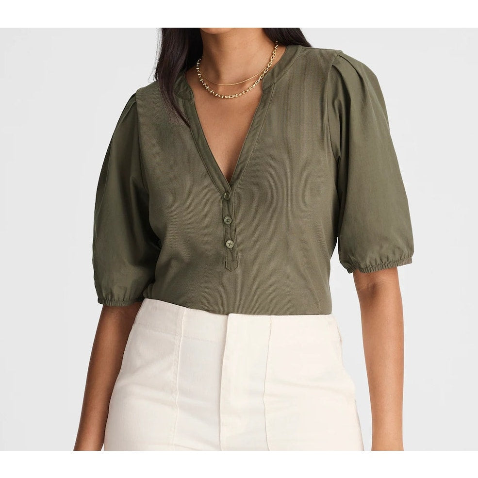 Madewell Cotton Poplin Puff-Sleeve Slim Fit Henley Knit Top Olive Green XS