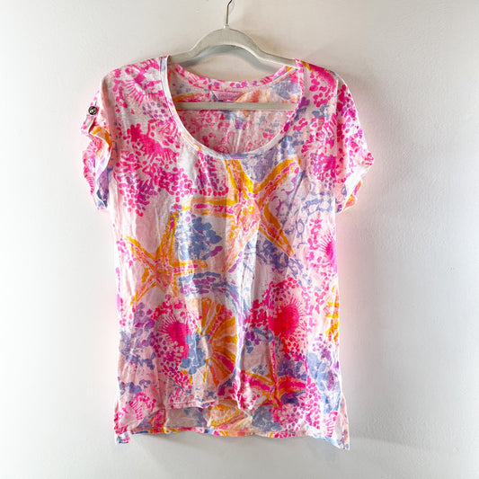 Lilly Pulitzer Inara Short Sleeve Linen Tee Shirt Top Pink Orange Medium