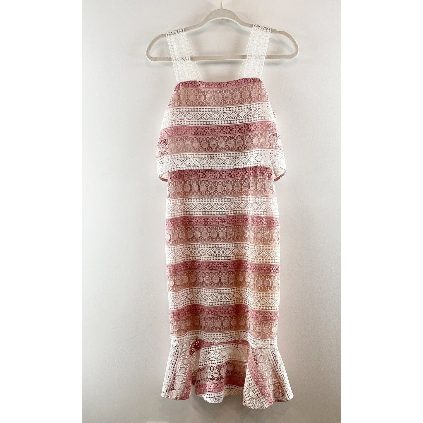 Shoshanna Dunham Striped Estepona Crochet Lace Midi Sheath Dress Pink White 0