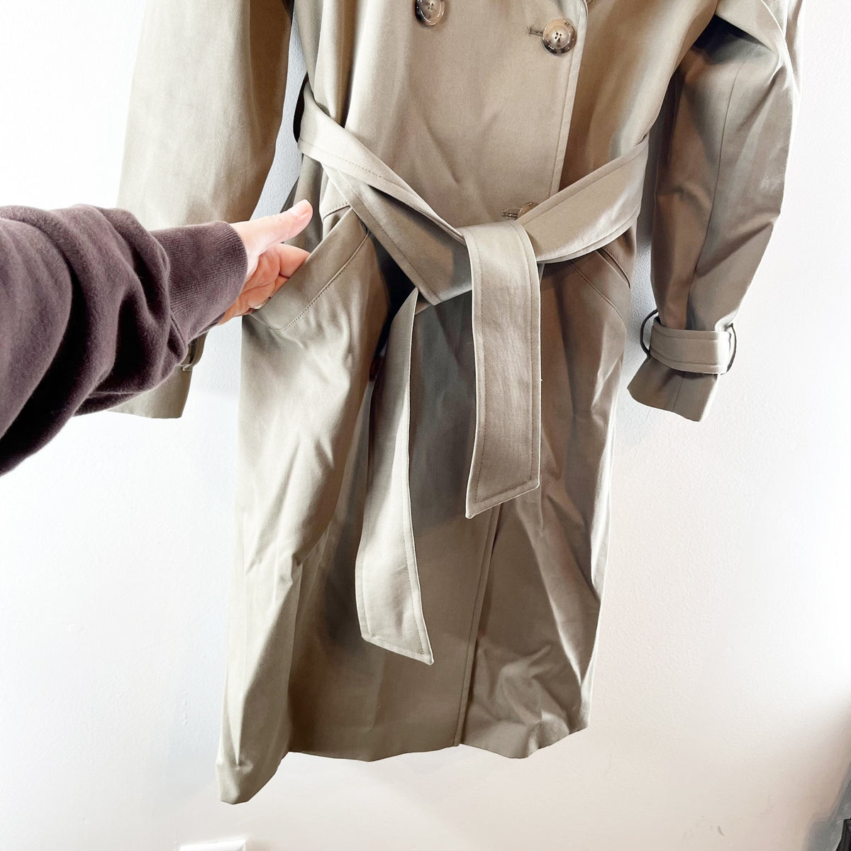 Sezane Midi Long Sleeve Belted Trench Coat Olive Green XS