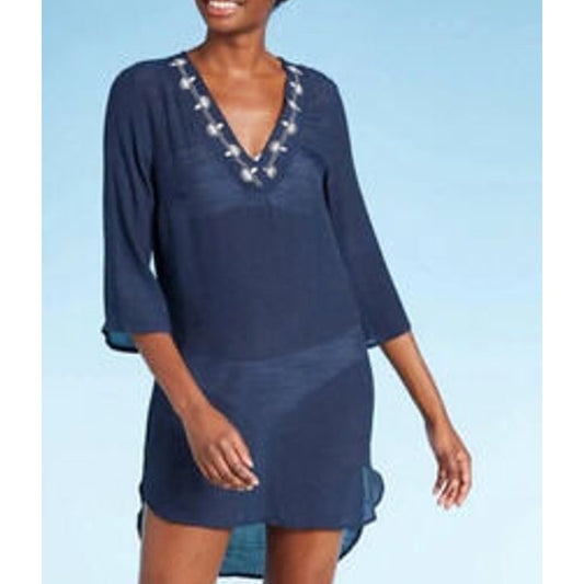 Kona Sol Embroidered V-Neck Hi-Low Swimsuit Cover-Up Dress Navy Blue XL