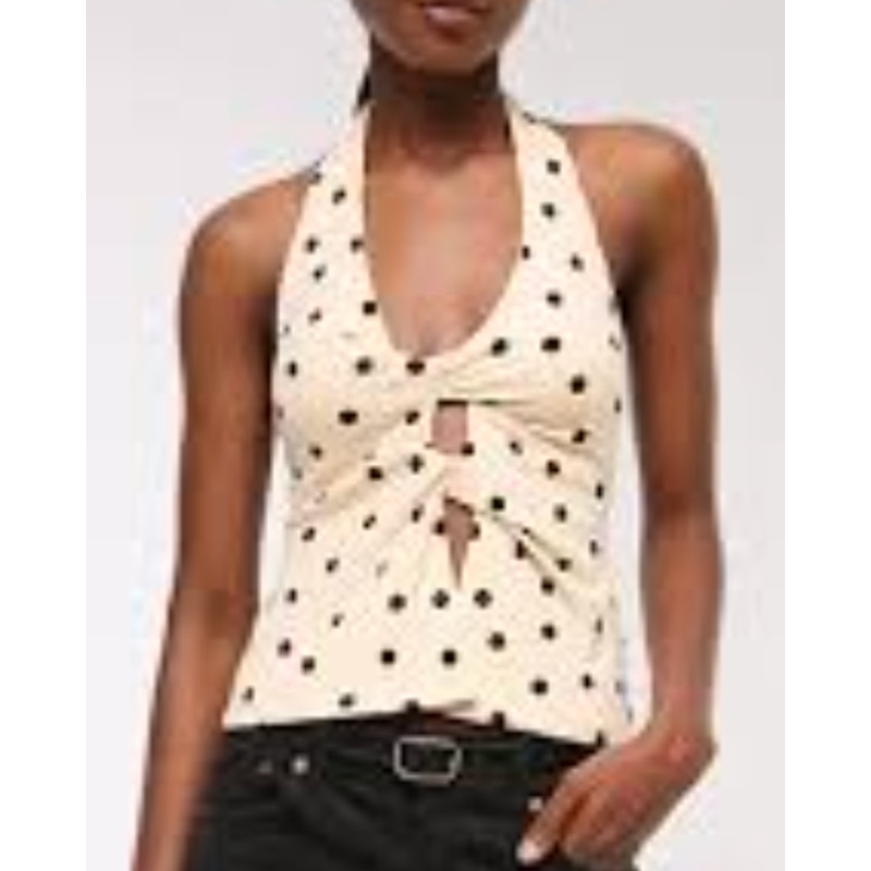 Abercrombie Polka Dot Twist Cutout Halter Tank Top Cream Black Medium