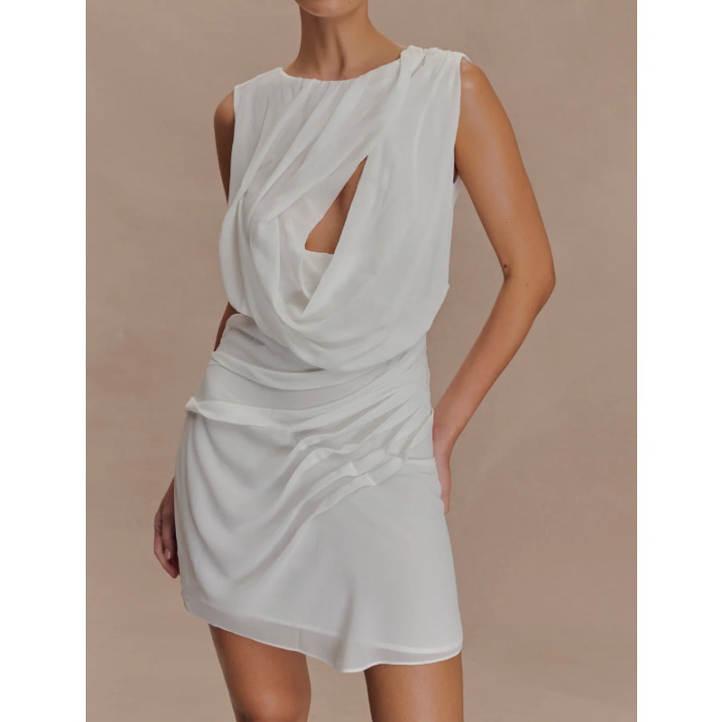 Meshki Oria Chiffon Ruched Sleeveless Mini Dress White Small