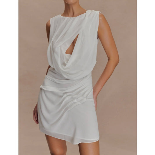 Meshki Oria Chiffon Ruched Sleeveless Mini Dress White Small