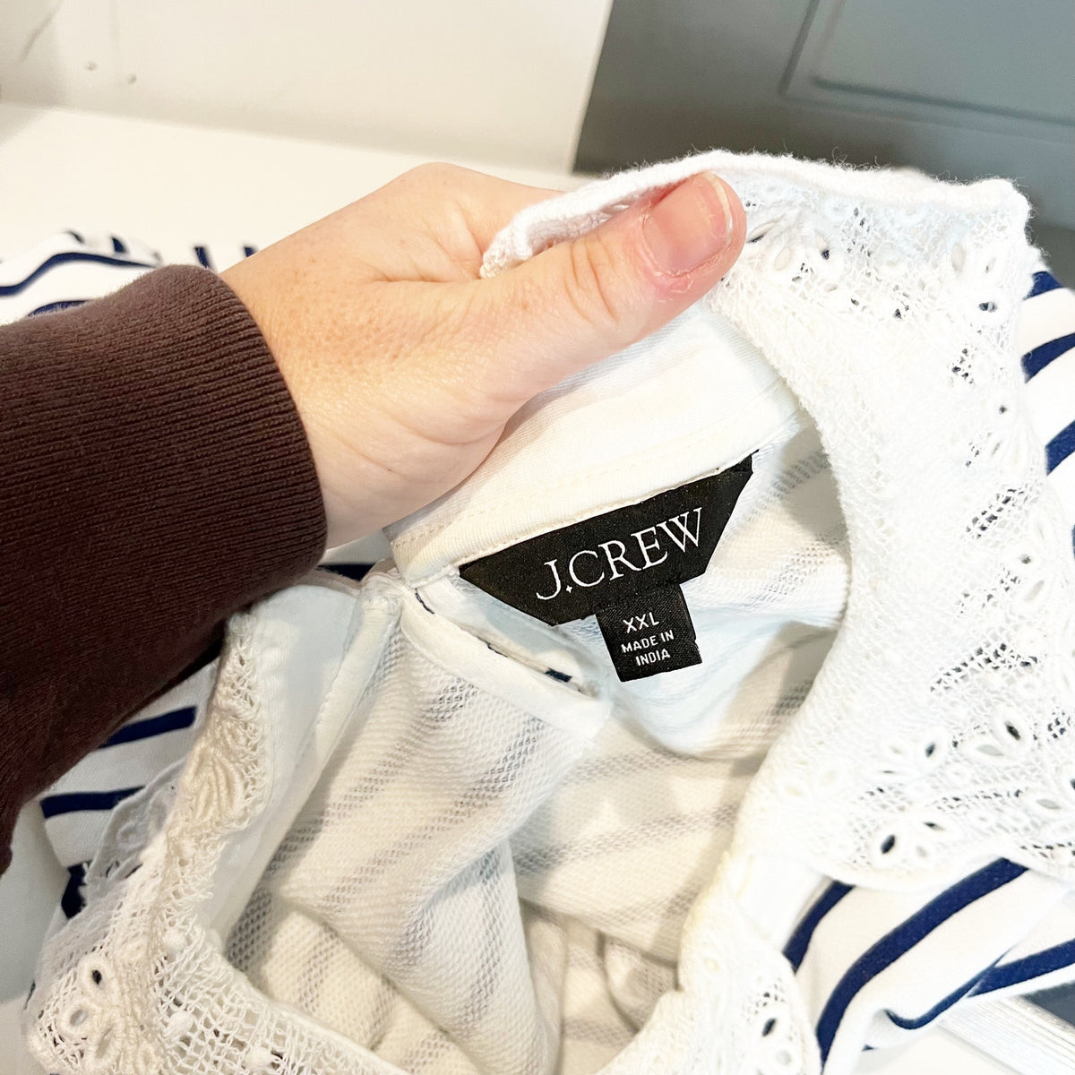J. Crew French Terry Long Sleeve Sweatshirt Lace Trim Porto Printed Stripe XXL