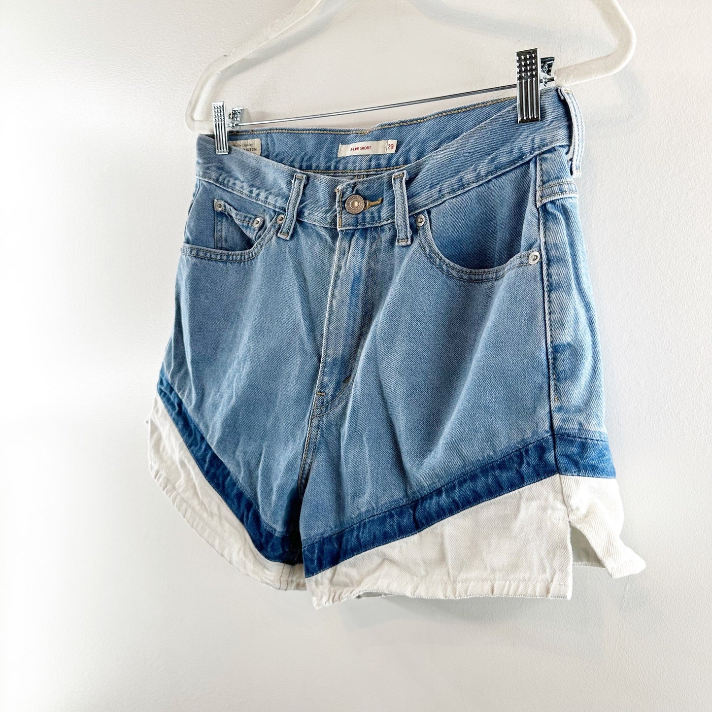 Levi's HIgh Rise Tri Tone Colorblock A Line Mom Shorts Denim Jean Blue 29