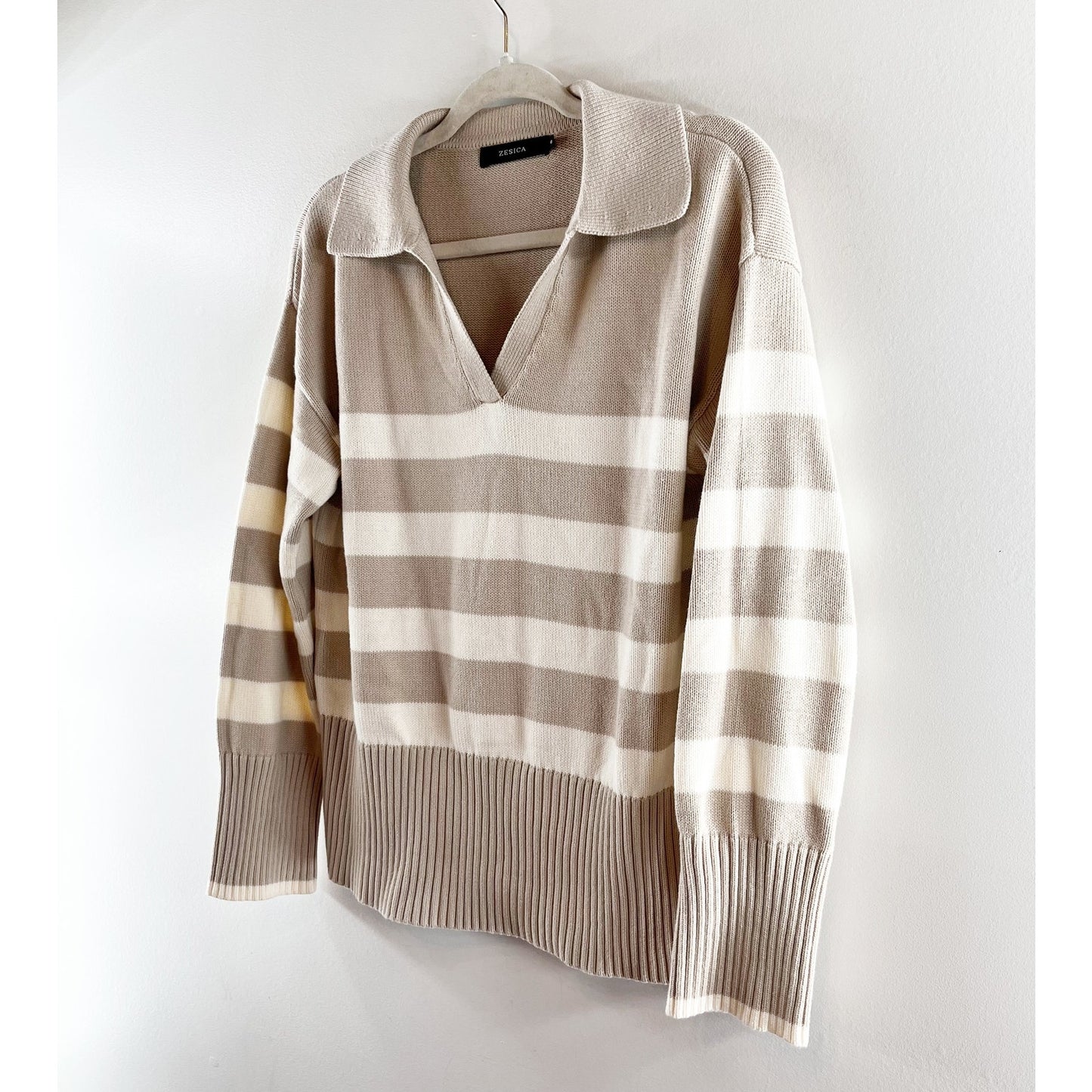 Zesica Long Sleeve V Neck Striped Polo Pullover Sweater Tan White Small