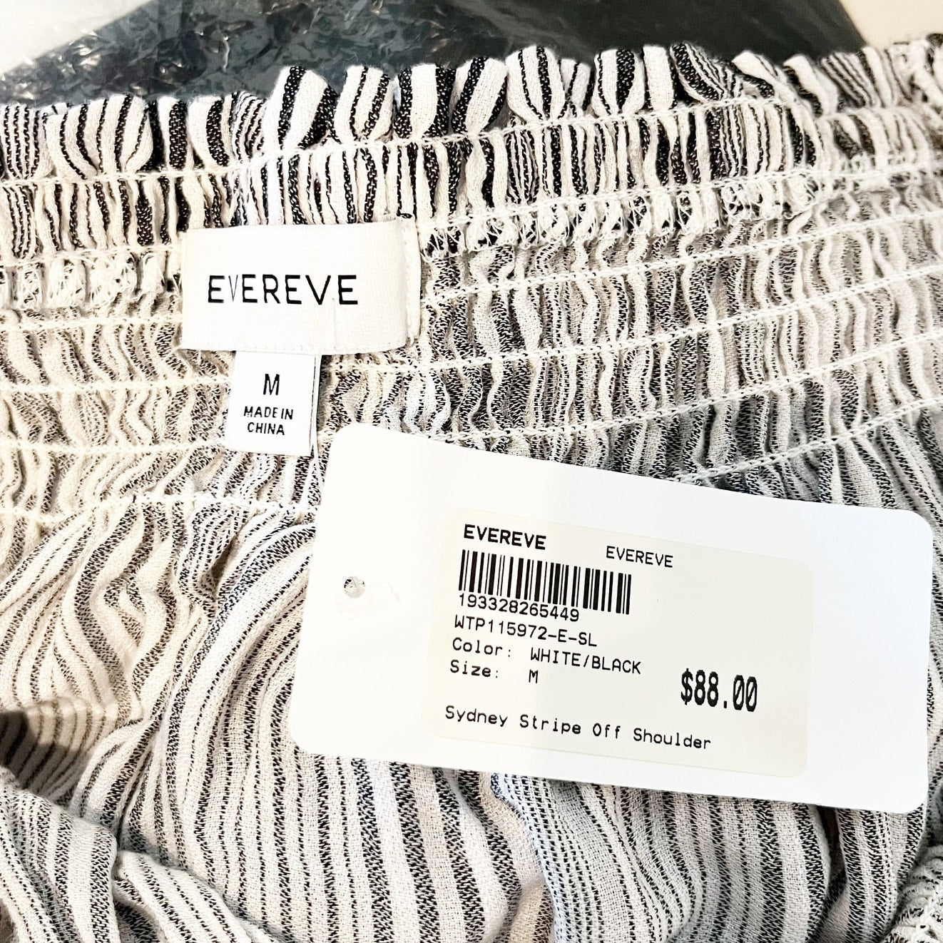 Evereve Sydney Stripe Off the Shoulder Cotton Weave Smocked Top Gray White M