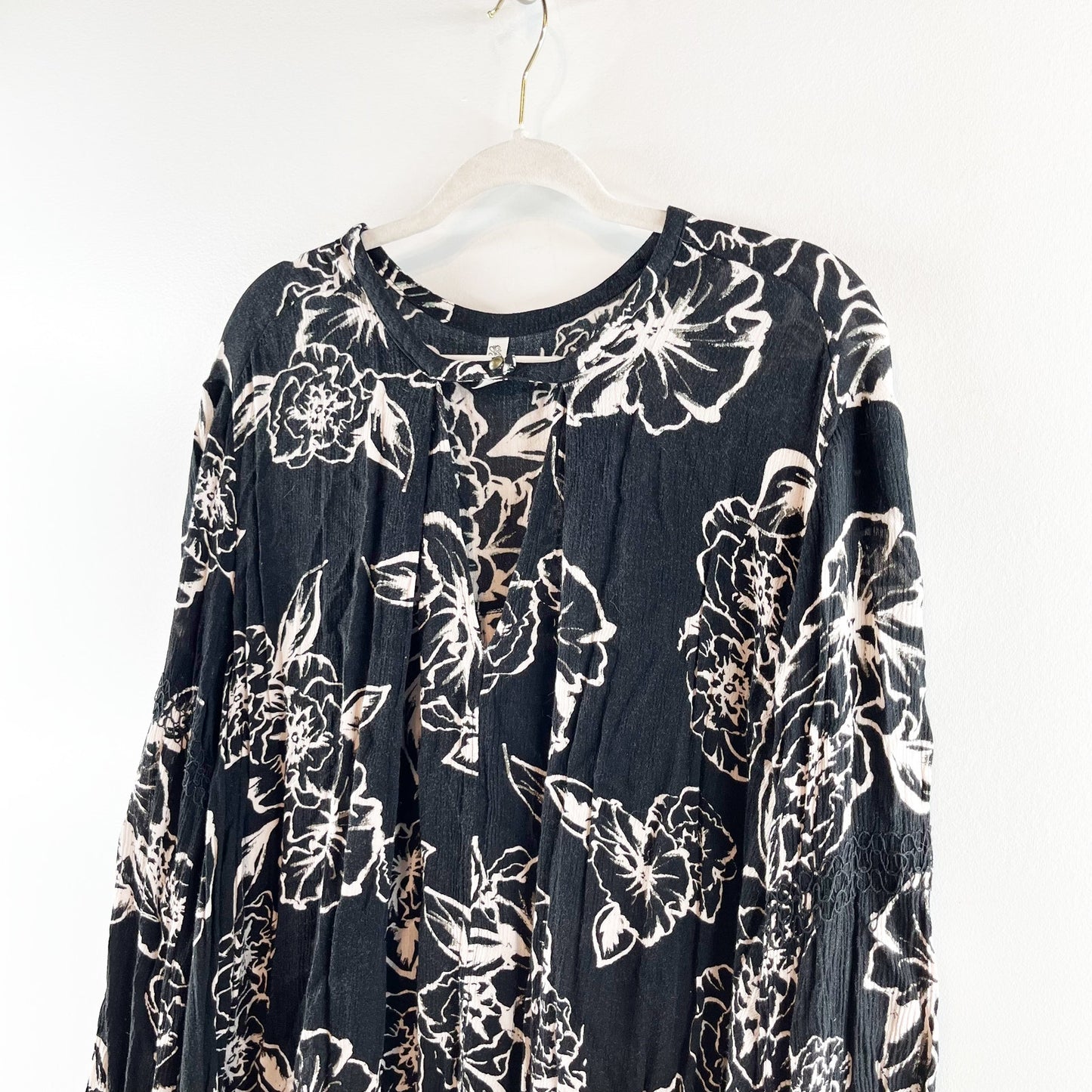 Free People Snap Out of It Floral 3/4 Sleeve Swing Tunic Mini Dress Black Large