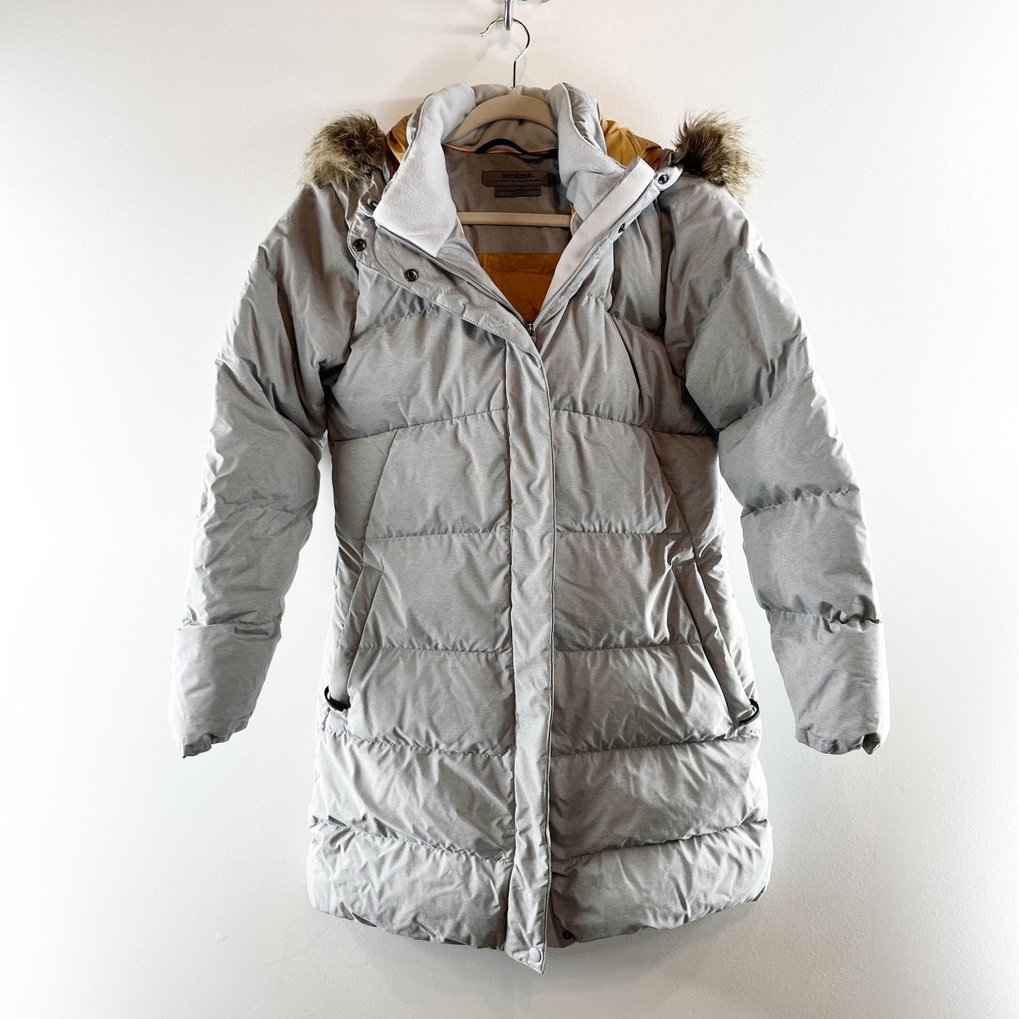 Prana Kromata Down Puffer Coat Jacket with Faux Fur Trim Hood Gray Silver Small