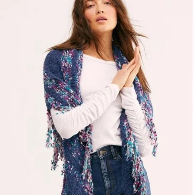 Free People Snuggle Stripe Fringe Trim Scarf Wrap Blue