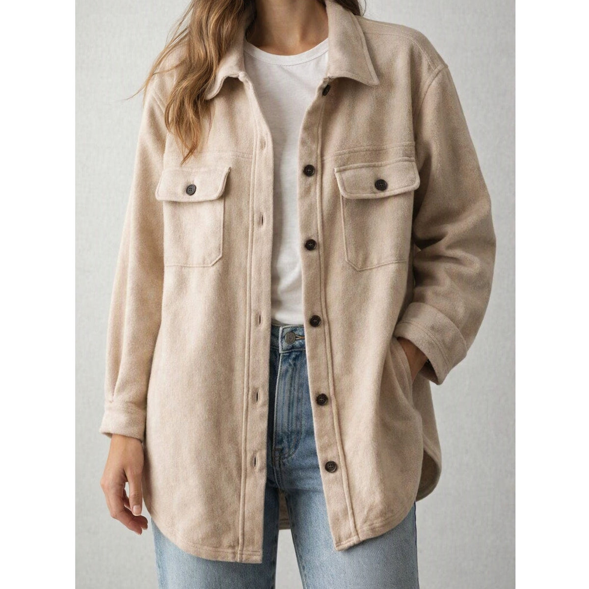 Bobbles & Lace My Go To Shacket Jacket Soft Long Sleeve Taupe Tan Medium