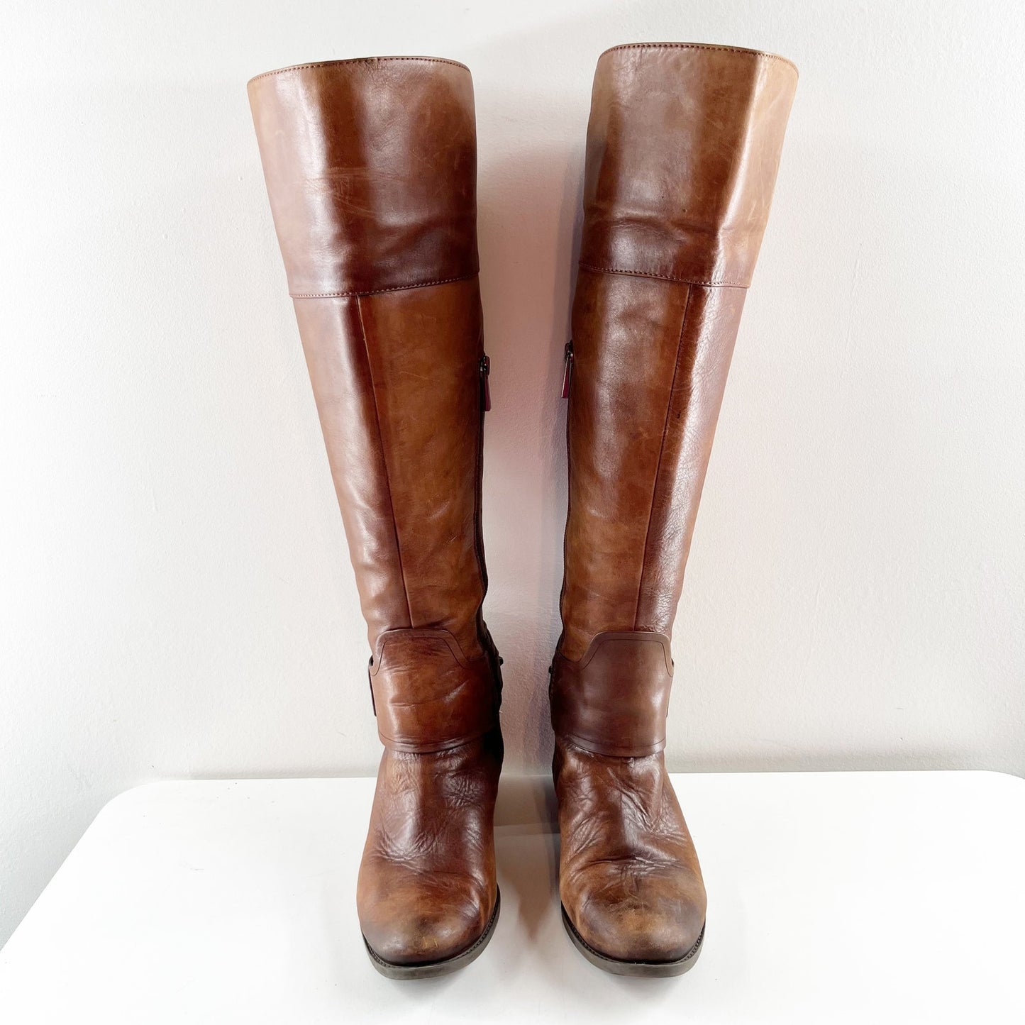 Vince Camuto Leather Beatrix Block Stacked Heel Knee High Riding Boots Brown 7.5