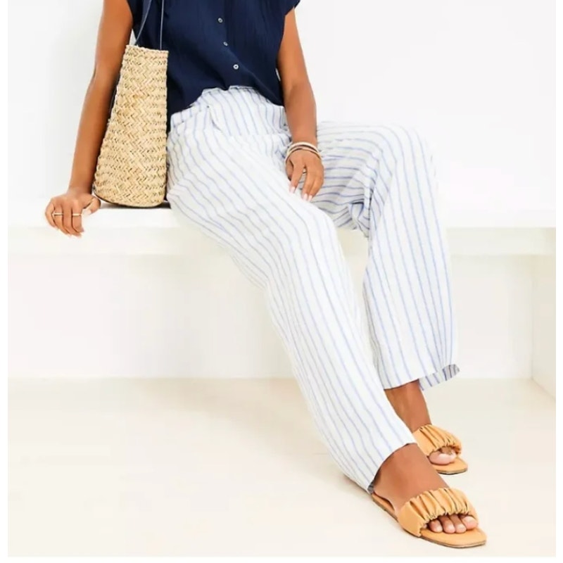 LOFT Peyton Striped Linen High Waisted Wide-Leg Trouser Pants White Blue 16