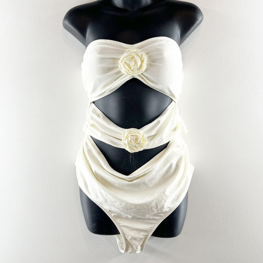 Strapless Cutout 3D Flower Detail One Piece Swimsuit White Large