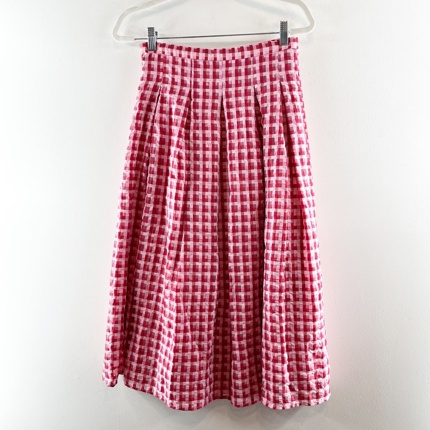 Eva Franco Plaid Full Textured Pleated A-Line Midi Skirt Pink Combo 4