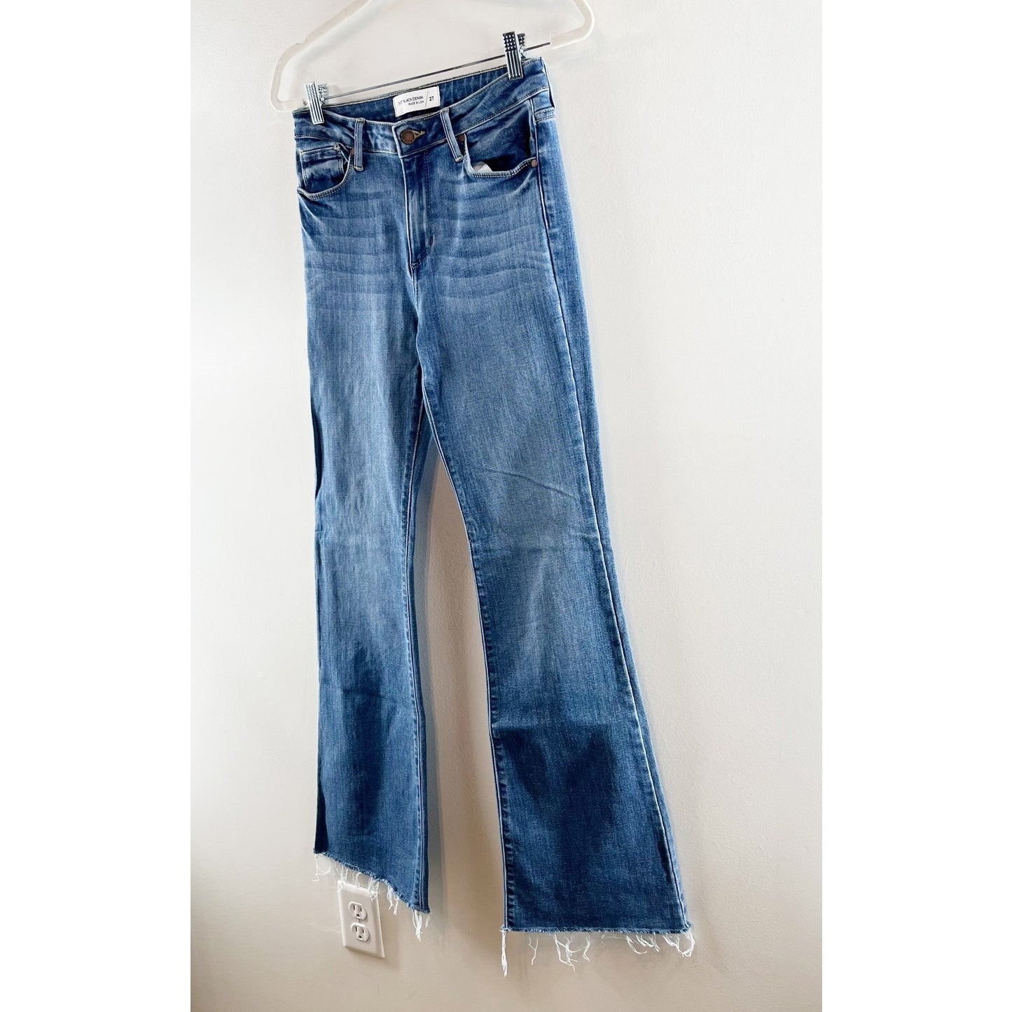 Just Black Denim Mid Rise Fall Flare Raw Hem Jeans Medium Wash Blue 27