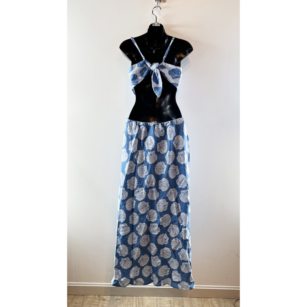 Abercrombie Julia Cutout Tie Back Shell Print Linen Blend Maxi Slip Dress Blue