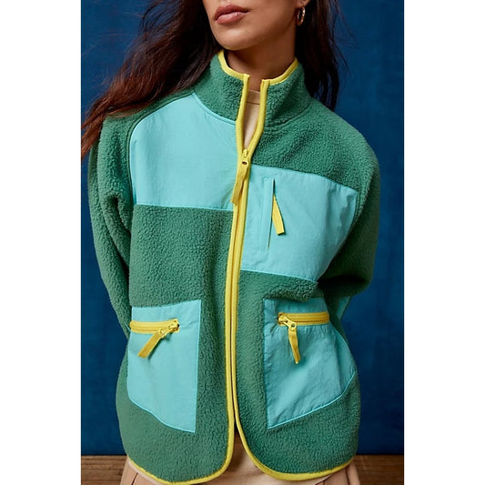 BDG Urban Outfitters Bruce Fleece Spliced Zip-Up Jacket Green Blue Medium